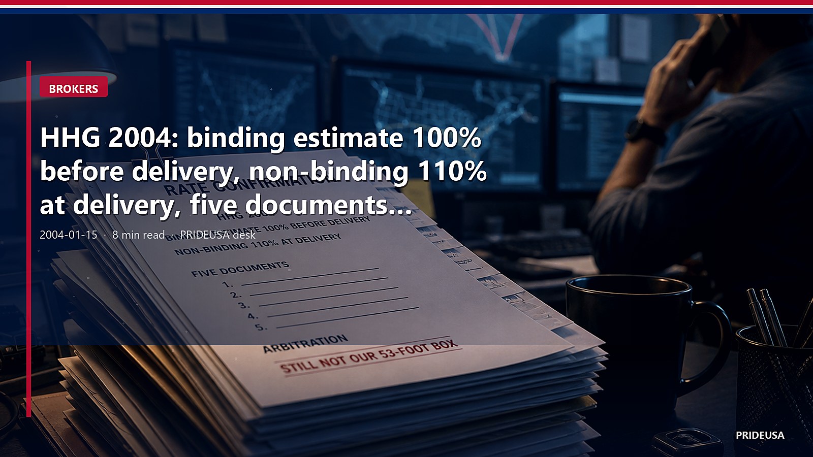 HHG 2004: binding estimate 100% before delivery, non-binding 110% at delivery, five documents, arbitration. Still not our 53-foot box